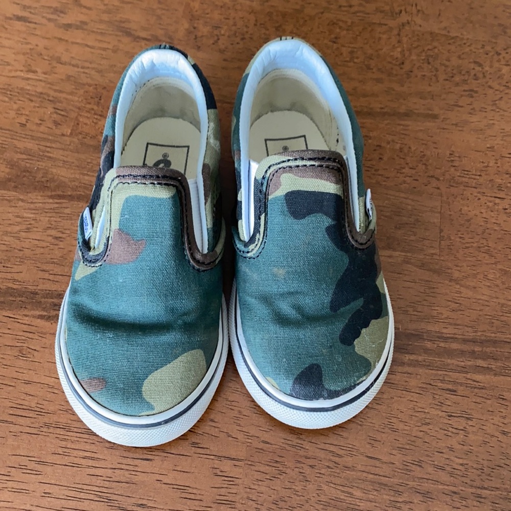 Toddler size 7 Vans slip ons in woodland camo. Gently warn a handful of times